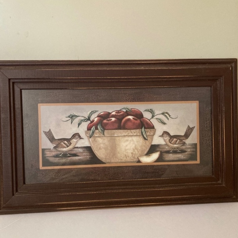 Framed picture 12x21 signed Becca Bird with fruit .